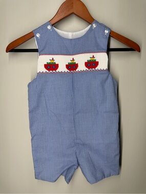 Velani Classics Smocked Boat Jon Jon Romper Blue Gingham Nautical Shortall Child